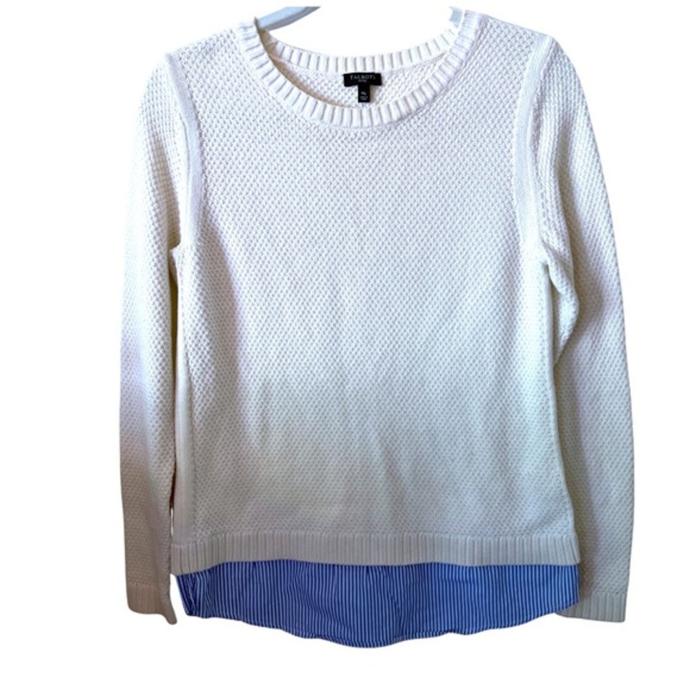 Talbots Petites pullover Crewneck Sweater with blue white striped bottom hem MP
